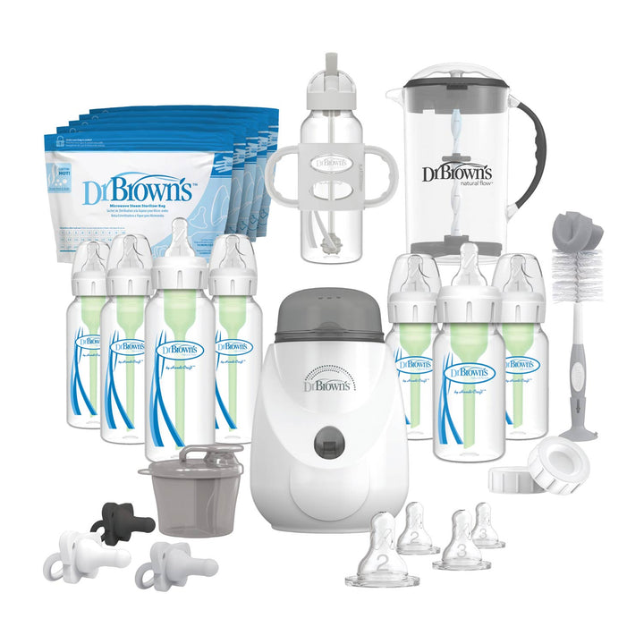 Dr. Brown's baby product set including bottles, a bottle warmer, and other accessories