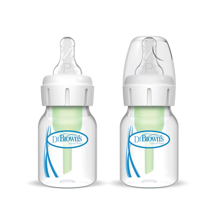 Two Dr. Brown's Natural Flow® Anti-Colic Narrow Baby Bottles, 2oz/60mL with Preemie Flow™ Nipple (2-Pack); one uncapped, one with a clear cap, both featuring the Dr. Brown's logo and green vent system.