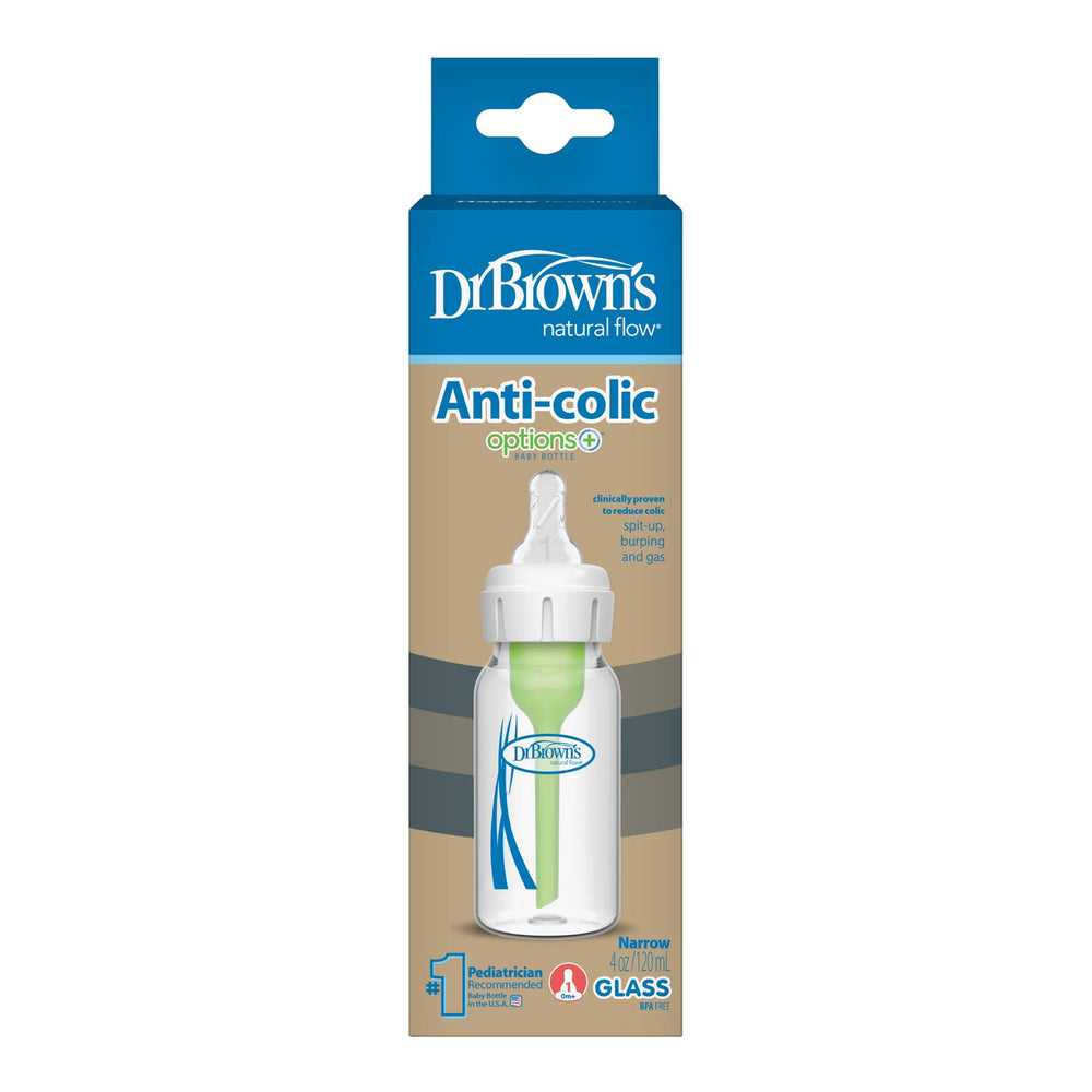 A Dr. Brown's Natural Flow® Anti-Colic Options+™ Narrow Glass Baby Bottle with Level 1 Slow Flow Nipple in its packaging, displaying blue and green accents and product info on the front for a comfortable feeding experience.