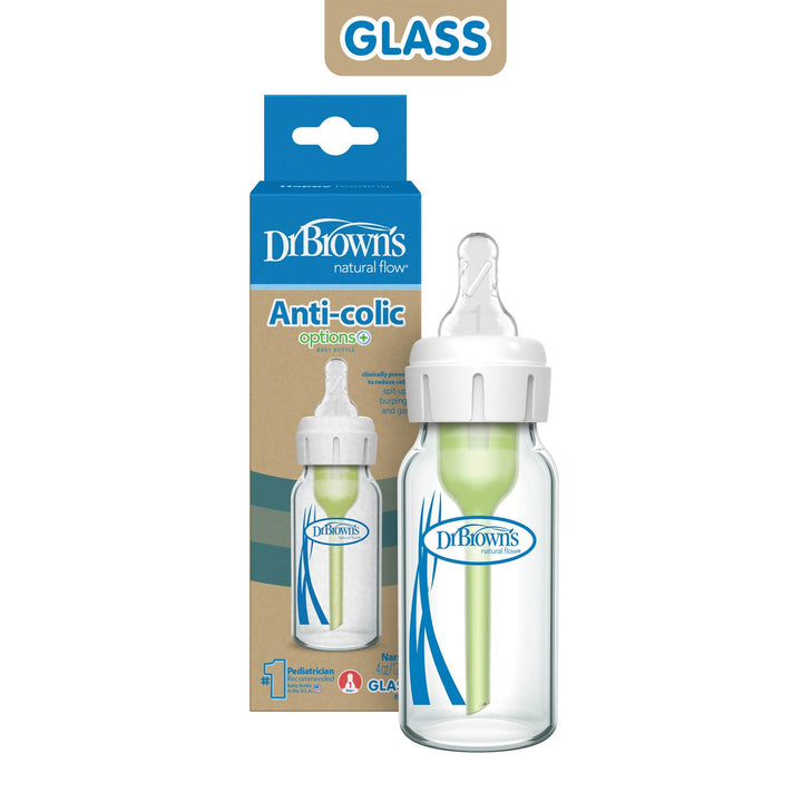 A Dr. Brown’s Natural Flow® Anti-Colic Options+™ Narrow Glass Baby Bottle with a Level 1 Slow Flow Nipple is shown beside its packaging, which features the Dr. Brown's branding and product details.