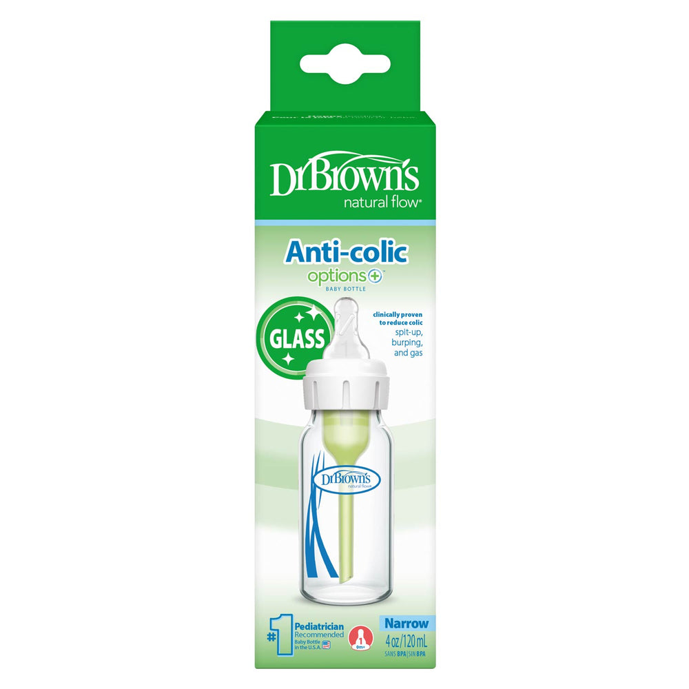 Dr. Brown's anti-colic bottle packaging with green and white design.