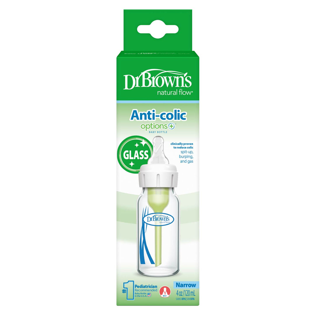 Dr. Brown's anti-colic bottle packaging with green and white design.