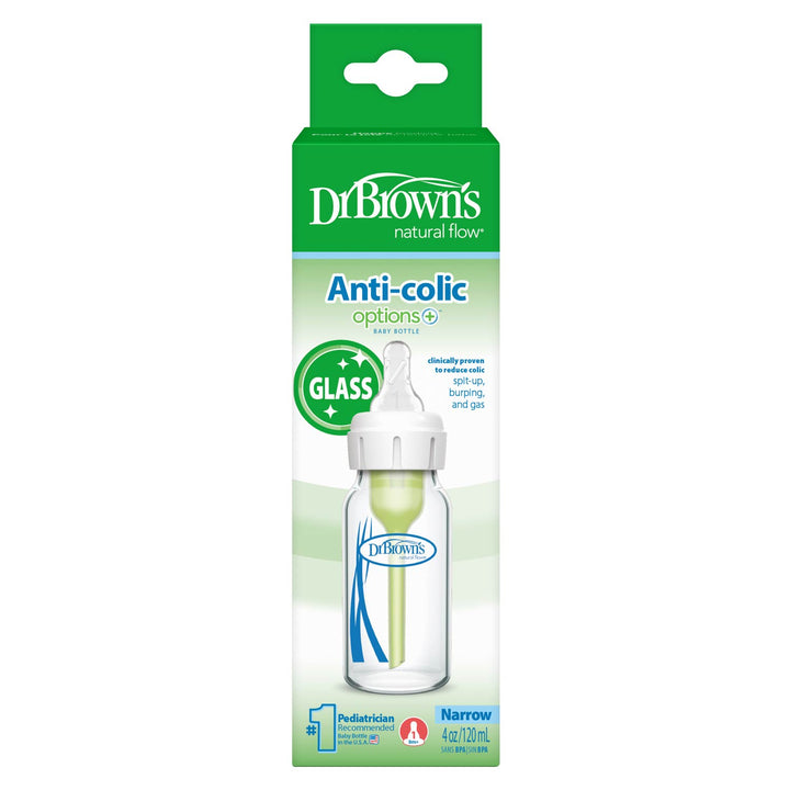 Dr. Brown's anti-colic bottle packaging with green and white design.