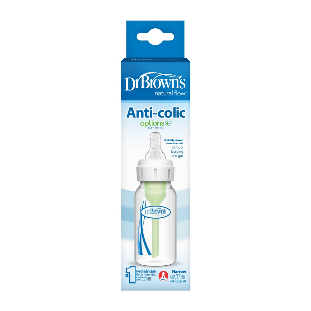 A blue and white box of Dr. Brown’s Natural Flow® Anti-Colic Options+™ Narrow Baby Bottle, with Level 1 Slow Flow Nipple, showcases the 4 oz (120 ml) size and anti-colic benefits on the packaging.