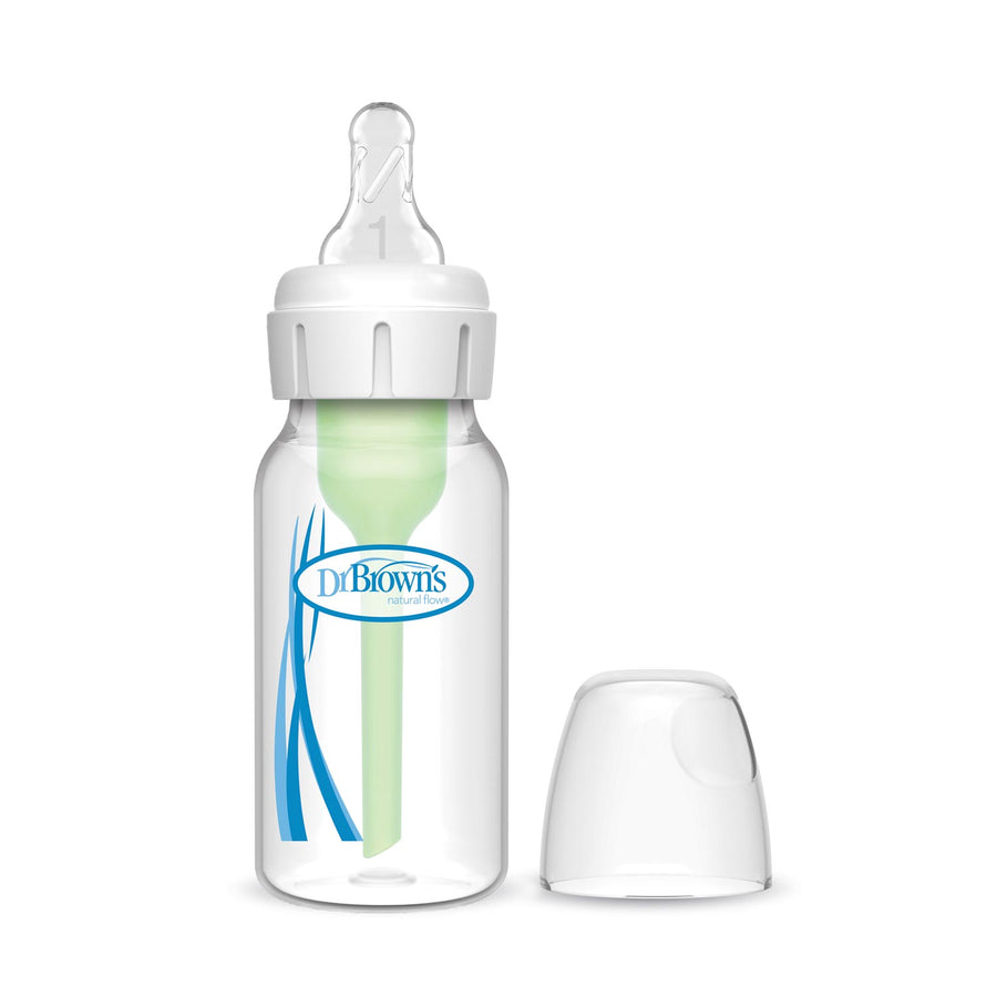 A Dr. Brown's Natural Flow® Anti-Colic Options+™ Narrow Baby Bottle with a Level 1 Slow Flow Nipple, white cap, and green vent system stands upright beside its clear cover on a white background.