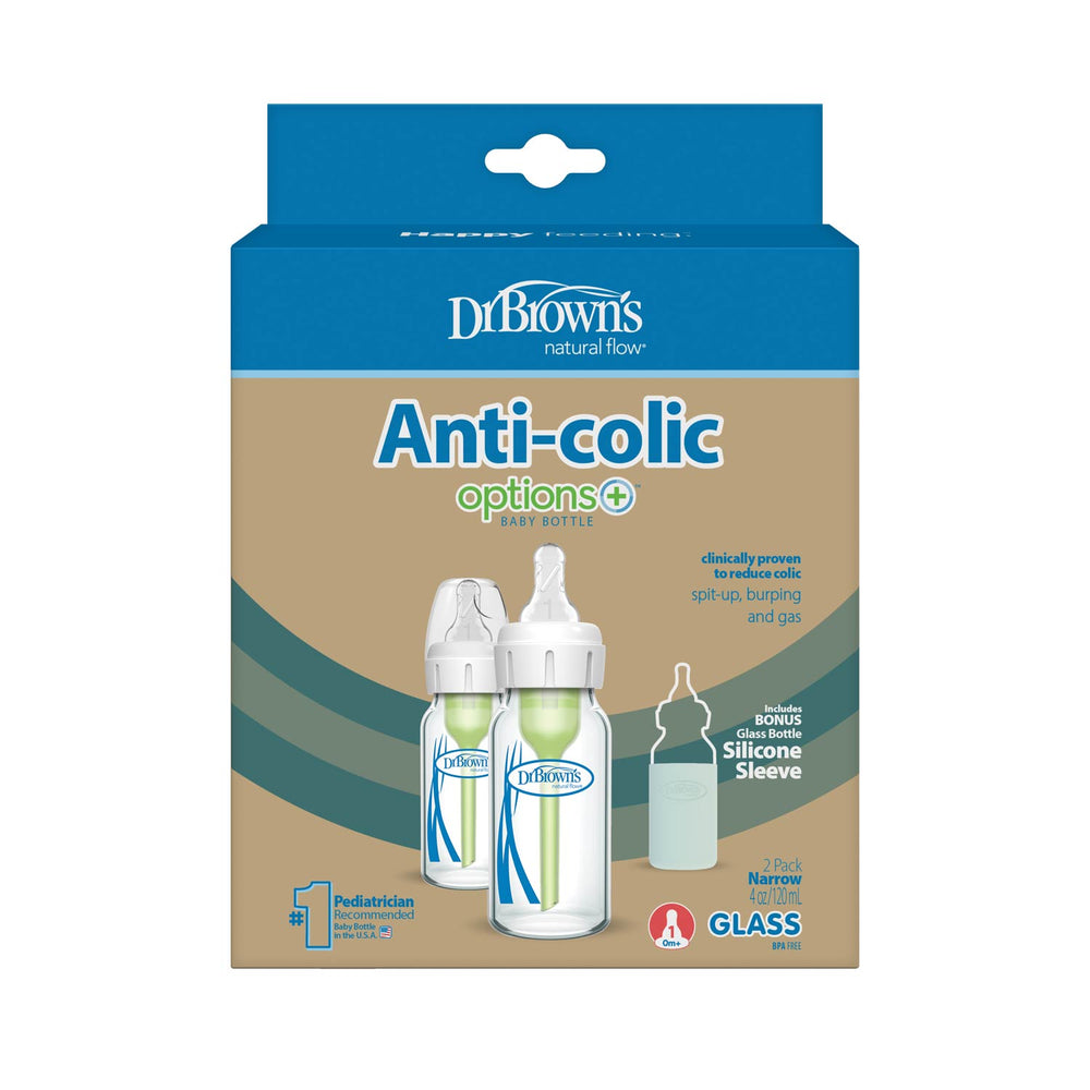 Dr. Brown’s Natural Flow® Anti-Colic Options+™ Narrow Glass Baby Bottle with Silicone Sleeve, 2-Pack, comes in blue and white packaging highlighting its vent system that reduces colic, spit-up, burping, and gas.