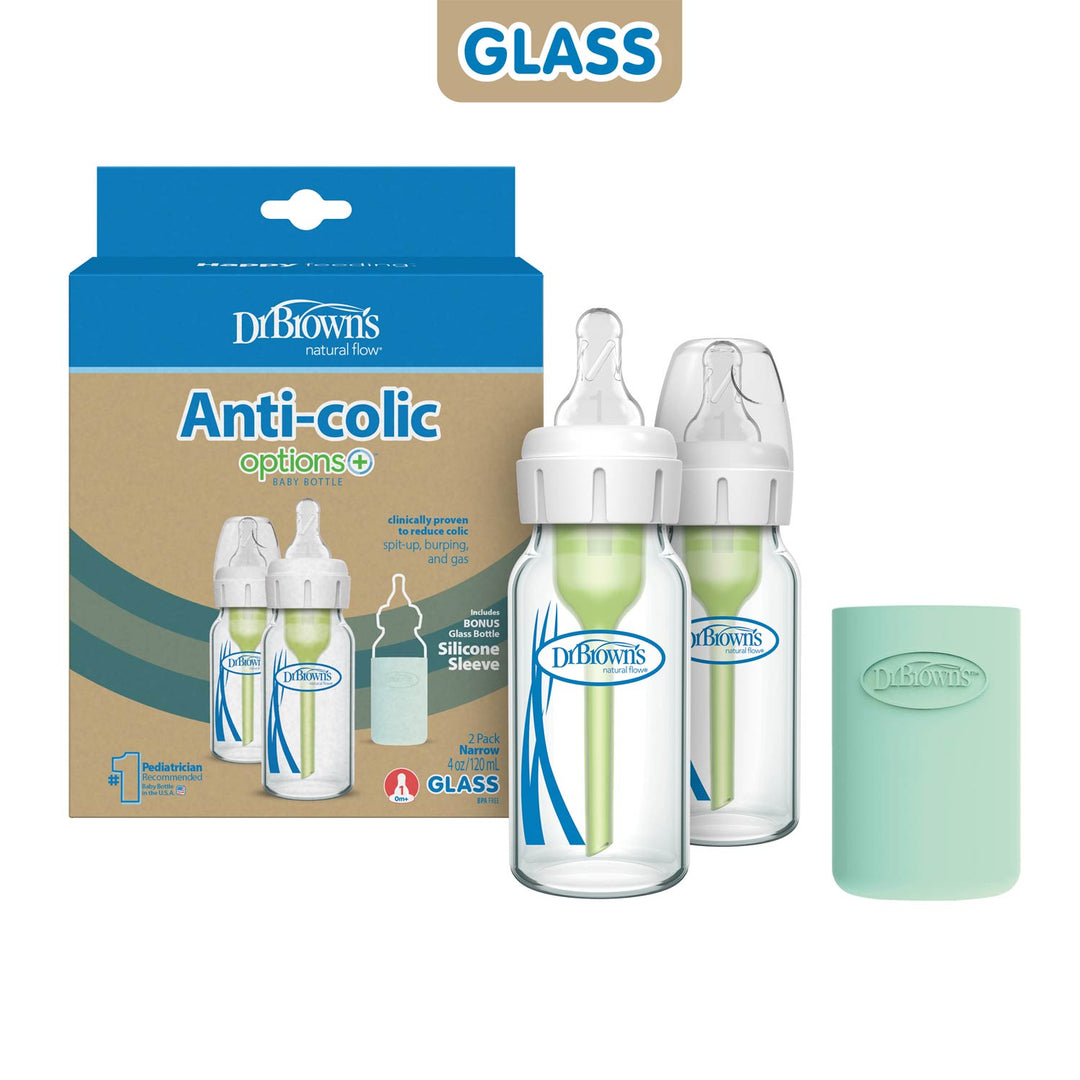 Dr. Brown’s Natural Flow® Anti-Colic Options+™ Narrow Glass Baby Bottle with Silicone Sleeve, 2-Pack includes two glass bottles with a Vent System, white silicone nipples, mint-green sleeves, and “GLASS” “Anti-colic” packaging.