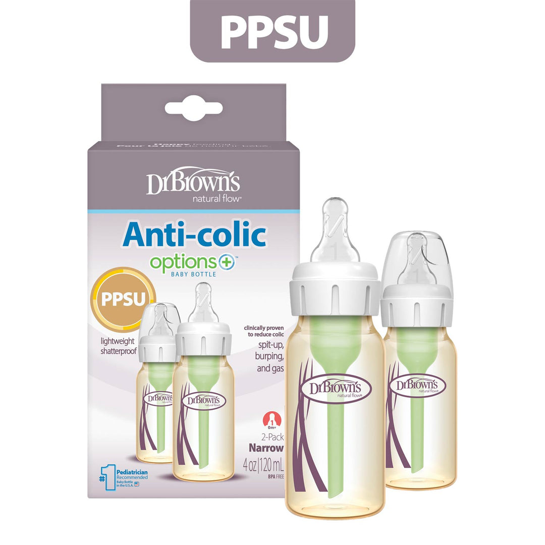Dr. Brown's Anti-colic options+ PPSU baby bottles and their retail packaging box with a gray 'PPSU' label at the top.