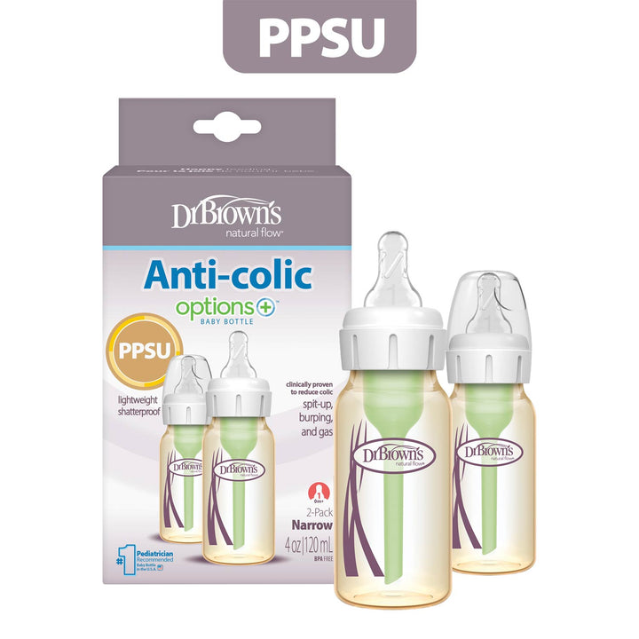 Dr. Brown's Anti-colic options+ PPSU baby bottles and their retail packaging box with a gray 'PPSU' label at the top.