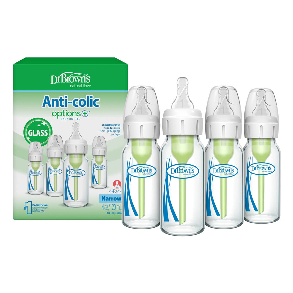A set of four Dr. Brown's Anti-colic options+ 4-in-1 glass baby bottles with white caps and green inner liners, shown next to their green and white retail packaging box on a white background.