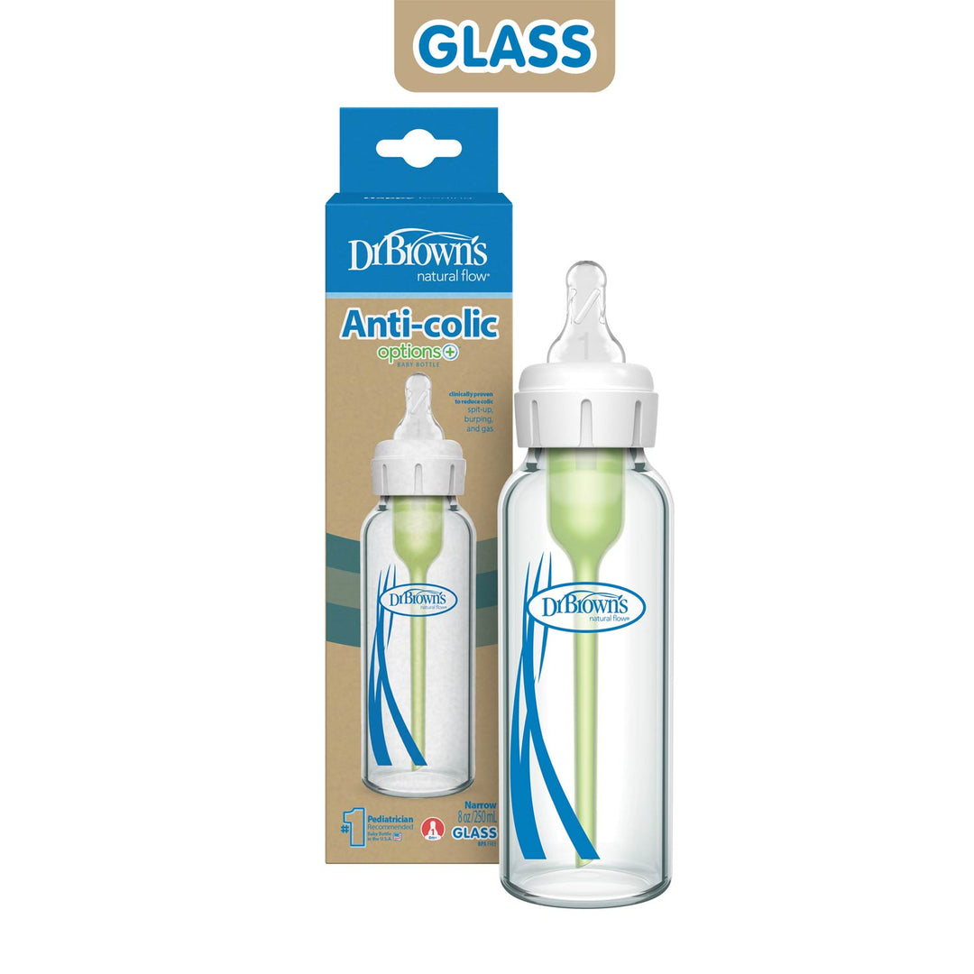 A Dr. Brown's Natural Flow® Anti-Colic Options+™ Narrow Glass Baby Bottle with Level 1 Slow Flow Nipple is shown beside its box, which highlights "Anti-Colic" and "Options+" features and displays the same bottle image.