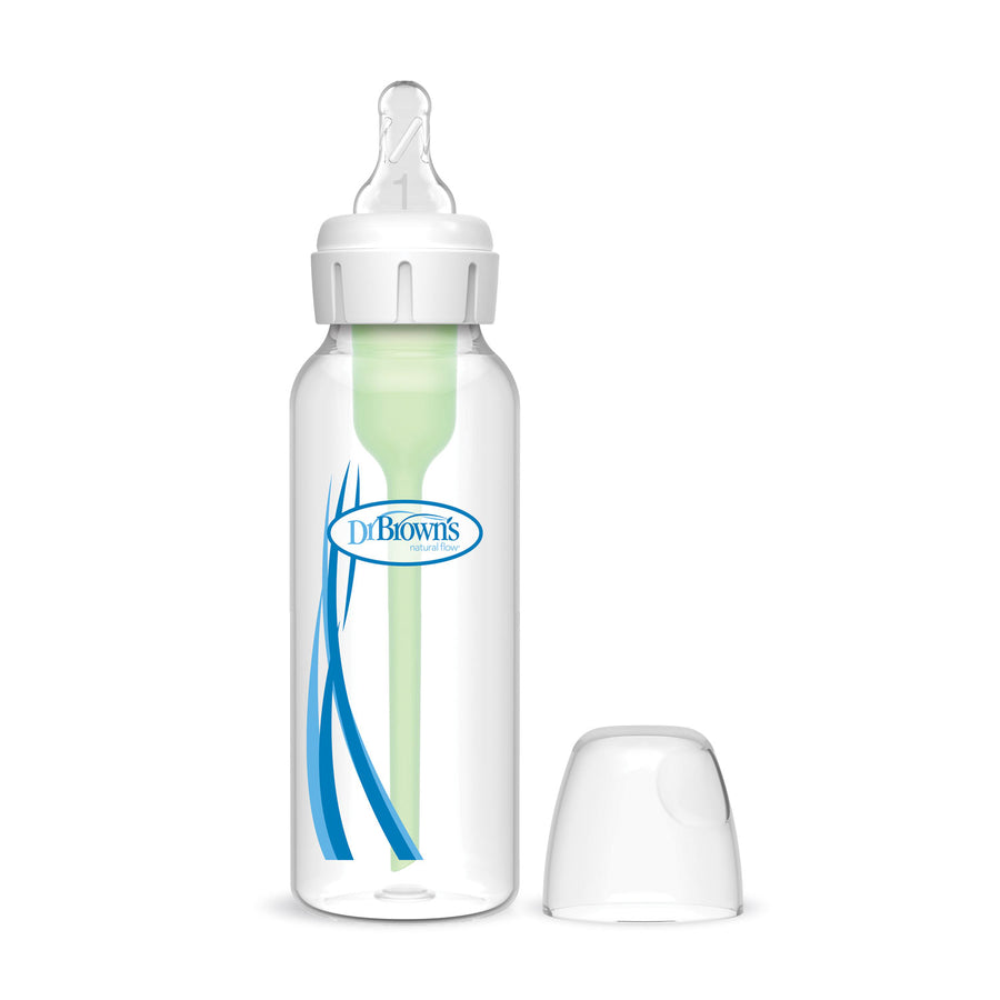 Dr. Brown’s Natural Flow® Anti-Colic Options+™ Narrow Baby Bottle with a Level 1 Slow Flow Nipple features a clear bottle, white cap, blue stripes, logo, and visible green vent; its clear plastic lid rests beside it on a white background.
