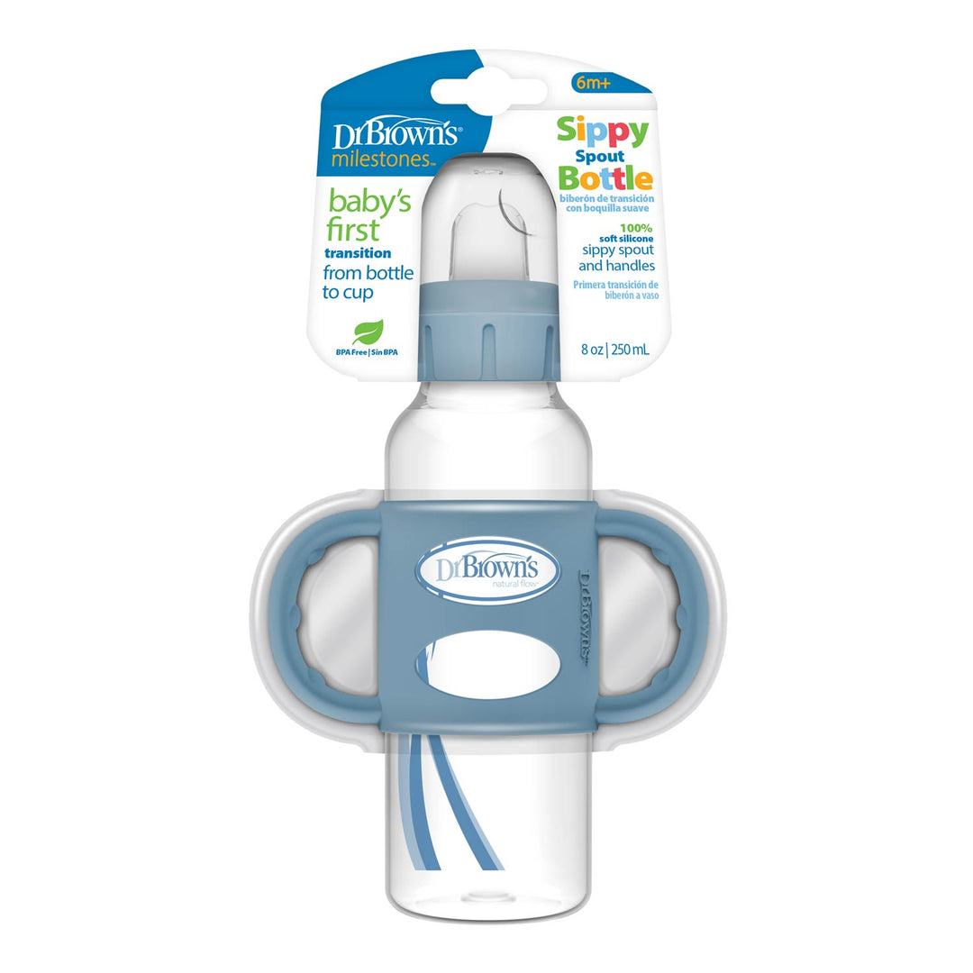 The Dr. Brown’s® Milestones™ 8 oz Narrow Sippy Spout Bottle with Silicone Handles is ideal for babies 6 months+, aiding essential drinking skills development. It features a blue silicone grip with handles to smooth the transition from bottle to cup.