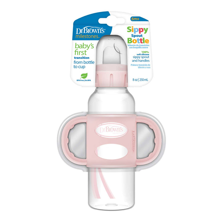 Dr. Brown’s® Milestones™ Narrow Sippy Spout Bottle, for babies 6+ months, has silicone handles and an 8 oz clear body with a white spout. It's perfect for developing drinking skills during the transition from bottle to cup.