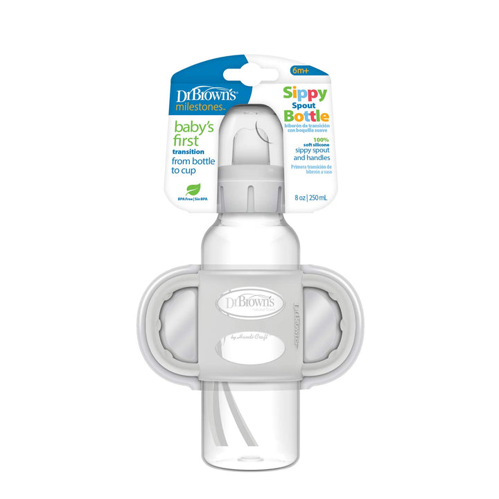 The Dr. Brown’s® Milestones™ Narrow Sippy Spout Bottle, 8 oz, is packaged with gray silicone handles and a white body. Designed for babies 6+ months, it features an easy grip and seamless bottle-to-cup transition with its silicone spout.