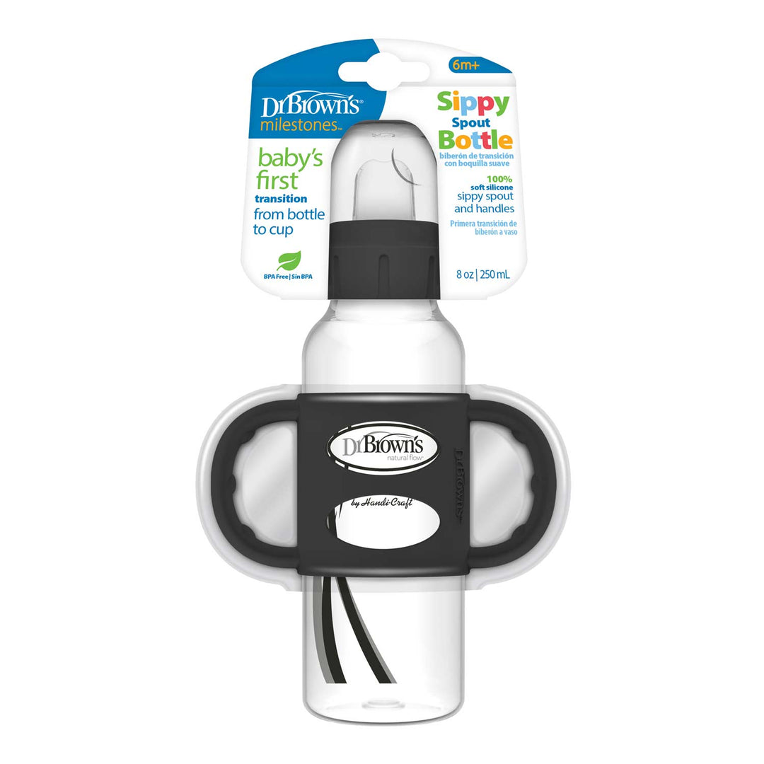 The Dr. Brown’s® Milestones™ Narrow Sippy Spout Bottle with Silicone Handles, 8 oz/250 mL, is ideal for babies transitioning from bottle to cup. It offers easy-grip silicone handles and a clear design with black and white accents, highlighted in its packaging.