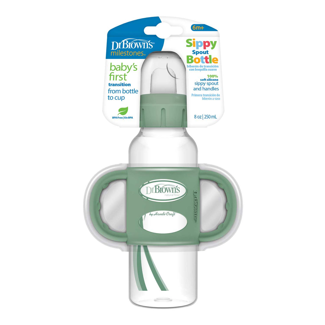 The Dr. Brown’s® Milestones™ Narrow Sippy Spout Bottle with Silicone Handles, 8 oz/250 mL, packaged in a blue and white cardboard holder labeled "Dr. Brown's milestones," helps transition from bottle to cup, suitable for babies 6 months and older.