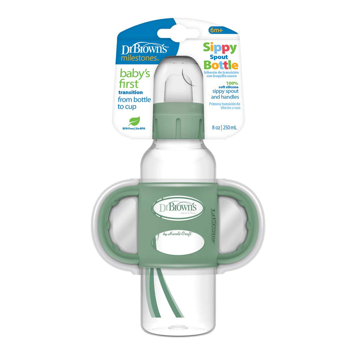 The Dr. Brown’s® Milestones™ Narrow Sippy Spout Bottle with Silicone Handles, 8 oz/250 mL, packaged in a blue and white cardboard holder labeled "Dr. Brown's milestones," helps transition from bottle to cup, suitable for babies 6 months and older.