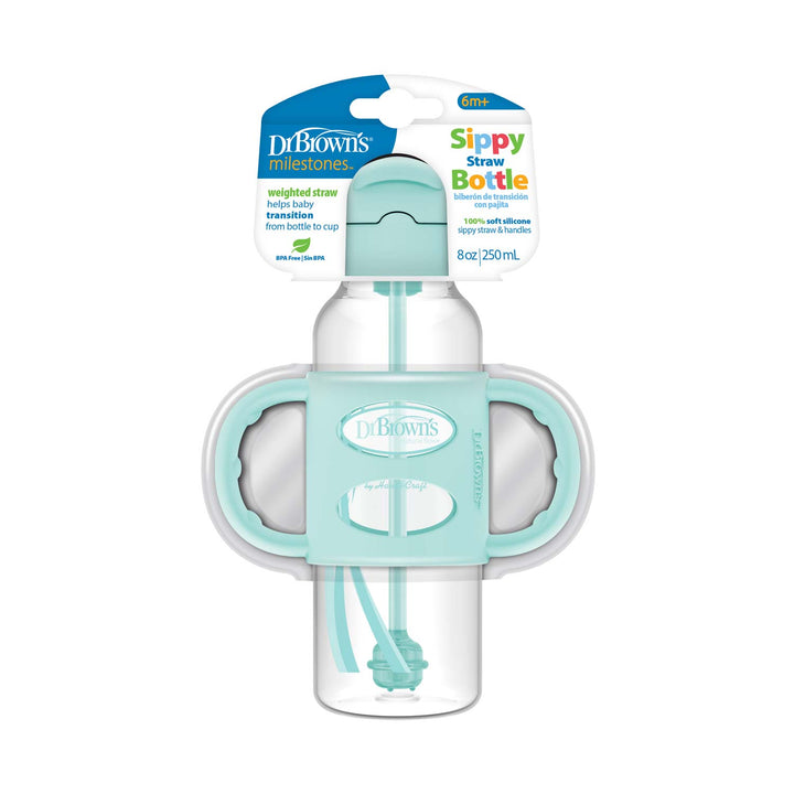 Image of Dr. Brown’s™ Milestones™ Narrow Sippy Straw Bottle with Silicone Handles, featuring a clear design with teal accents. Suitable for 6 months and older, it has a silicone weighted straw and dual handles to aid independent drinking skills, holding 8 oz/250 mL.