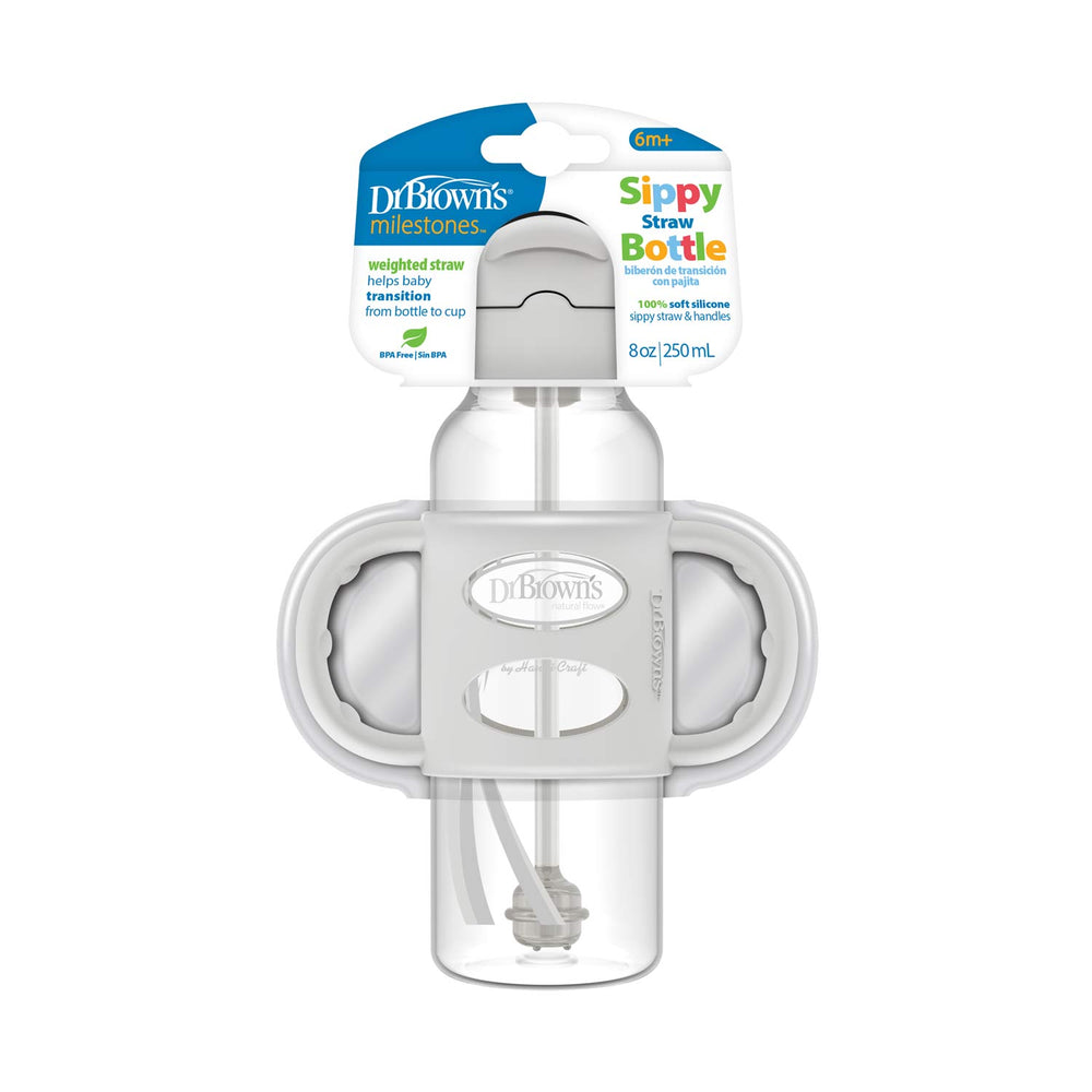 Dr. Brown's Milestones Narrow Sippy Straw Bottle has a spill-proof lid, easy-grip silicone handles, and a weighted straw for aiding babies 6 months and older in independent drinking; capacity is 8 oz/250 mL.