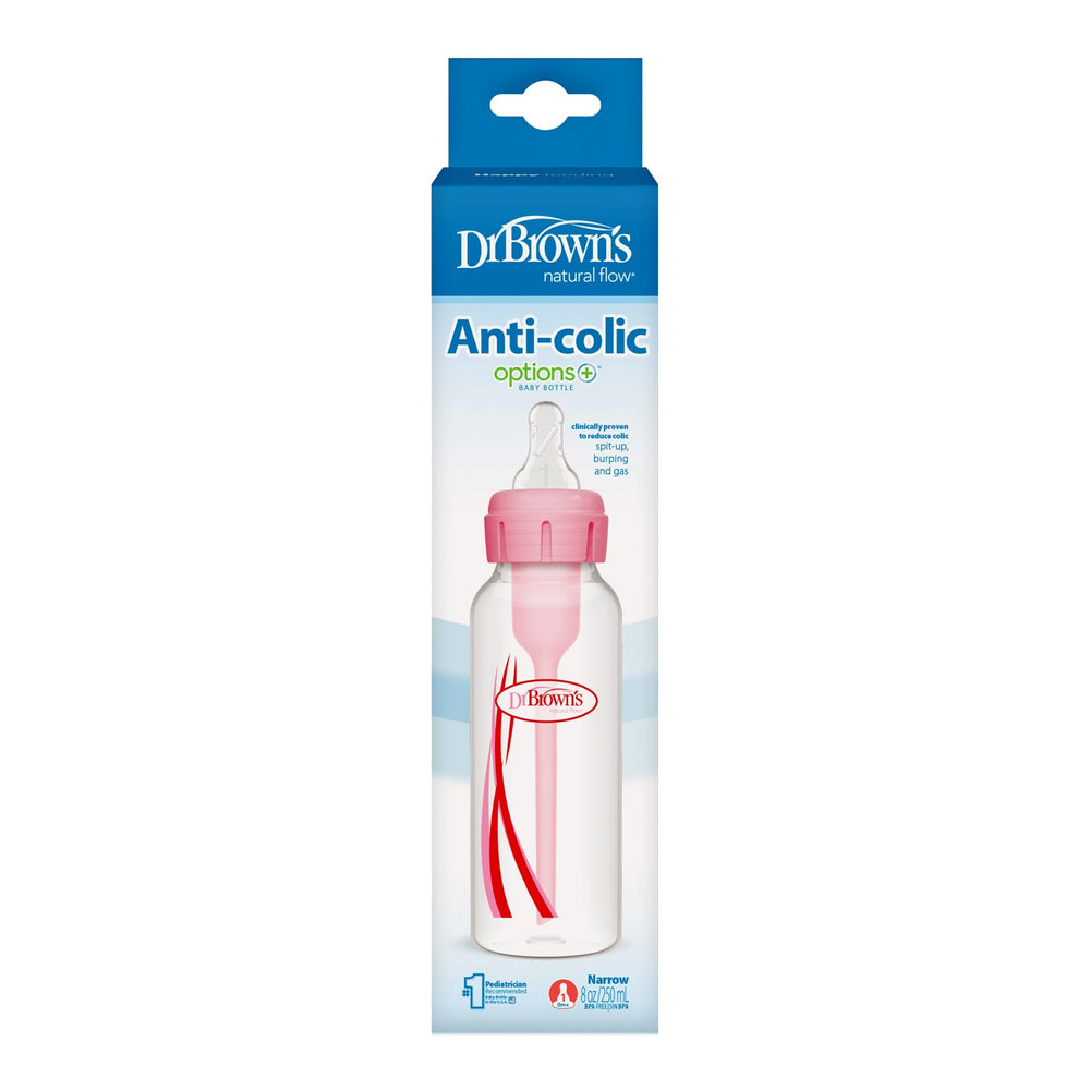 A Dr. Brown’s Natural Flow® Anti-Colic Options+™ Narrow Baby Bottle with a Level 1 Slow Flow Nipple is shown in its original blue-and-white packaging. The clear, narrow bottle features an anti-colic vent system to help reduce colic.