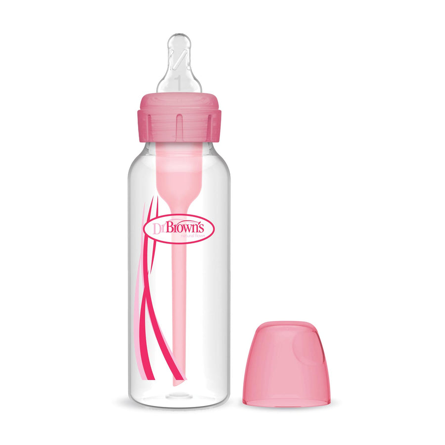 Dr. Brown's Natural Flow® Anti-Colic Options+™ Narrow Baby Bottle with Level 1 Slow Flow Nipple, features pink accents and a pink cap placed beside the clear bottle on a white background.