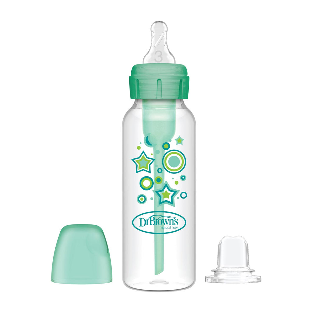 The Dr. Brown's Natural Flow® Anti-Colic Options+™ Narrow Sippy Bottle Starter Kit includes a clear bottle with green and blue star designs, an anti-colic silicone spout, a green nipple collar, and a clear silicone nipple. It comes with separate green and transparent travel caps.