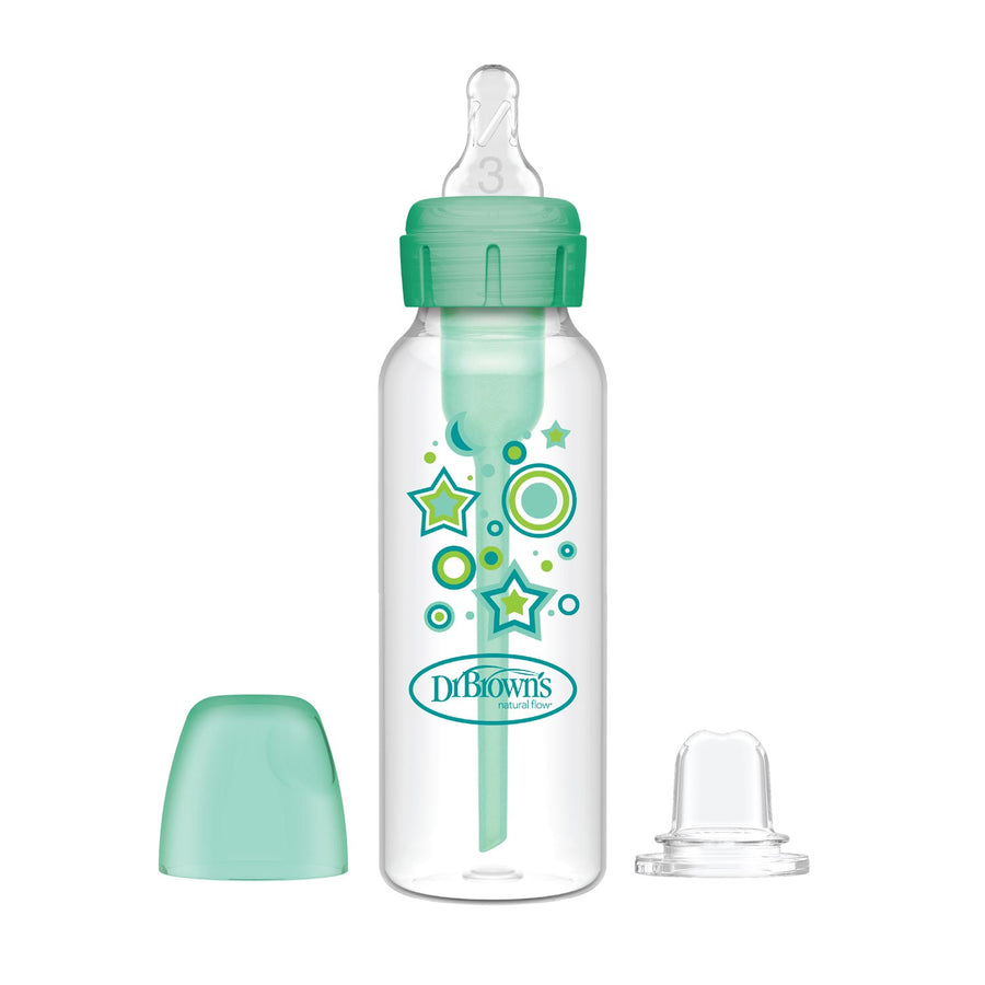 The Dr. Brown's Natural Flow® Anti-Colic Options+™ Narrow Sippy Bottle Starter Kit includes a clear bottle with green and blue star designs, an anti-colic silicone spout, a green nipple collar, and a clear silicone nipple. It comes with separate green and transparent travel caps.