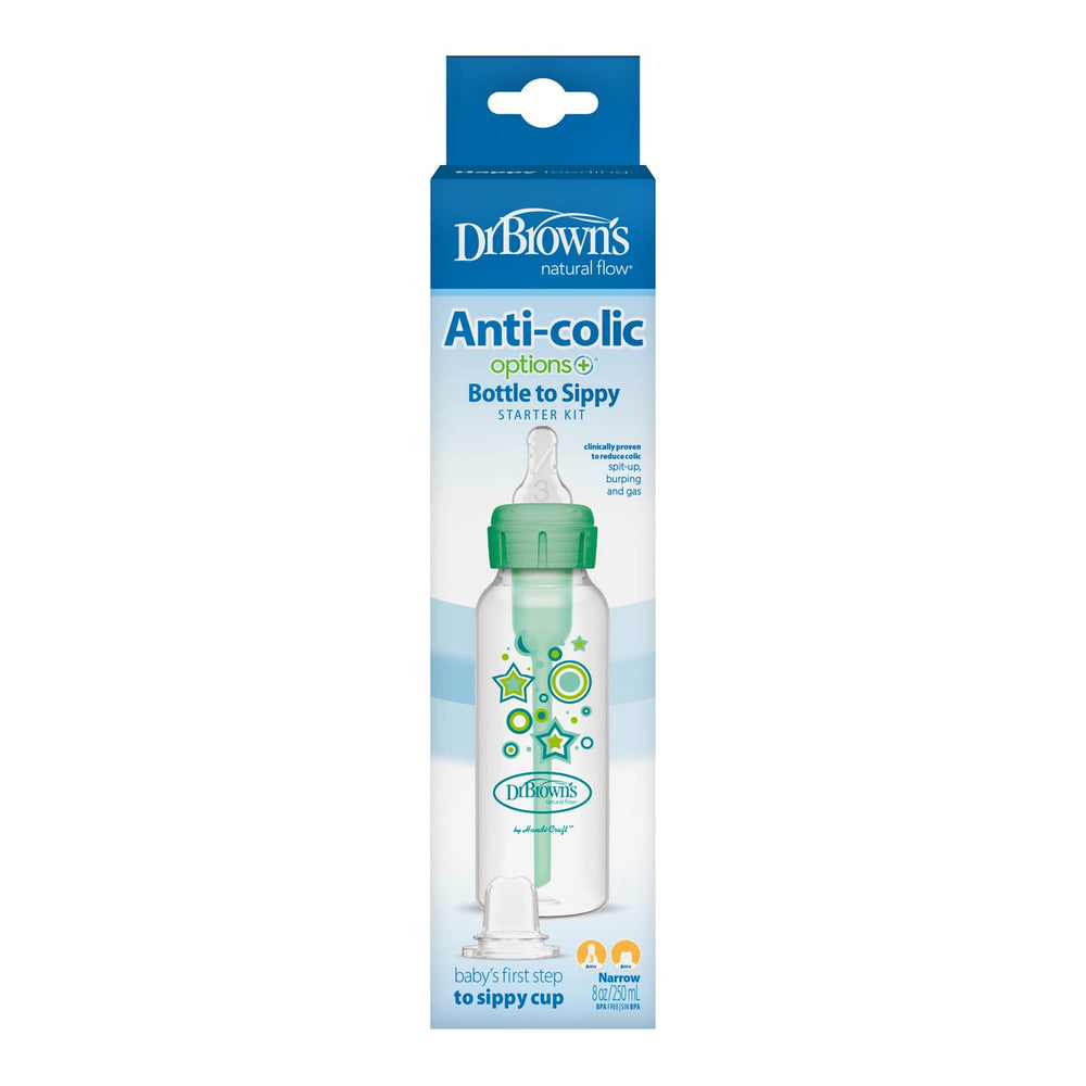 The image shows Dr. Brown's Natural Flow® Anti-Colic Options+™ Narrow Sippy Bottle Starter Kit in its packaging, featuring a baby bottle with a green cap, star and circle designs, and a silicone sippy spout for an easy transition.
