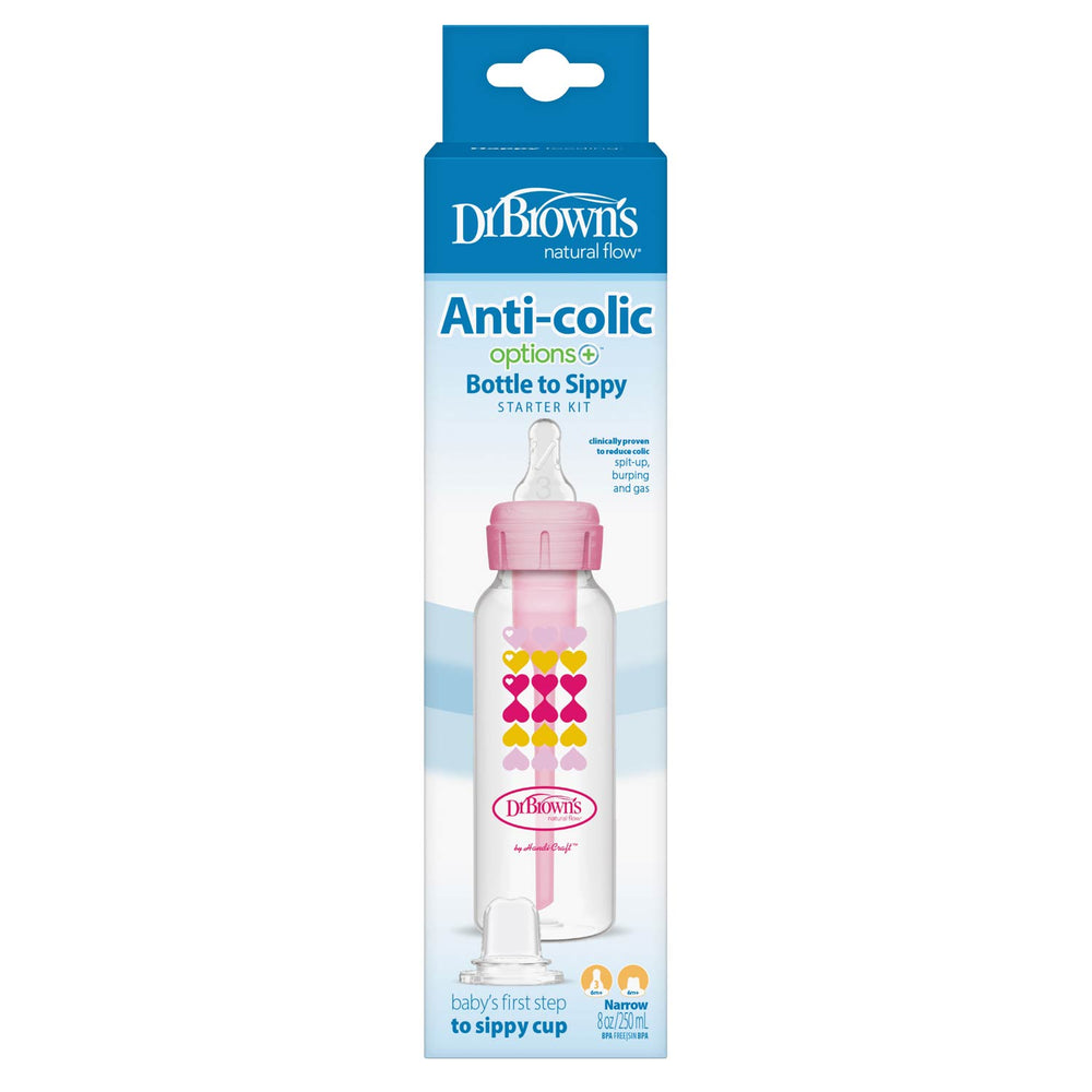 Packaging of pink Pink Dr. Brown's Natural Flow® Anti-Colic Options+™ Narrow Sippy Bottle Starter Kit, 8oz/250mL