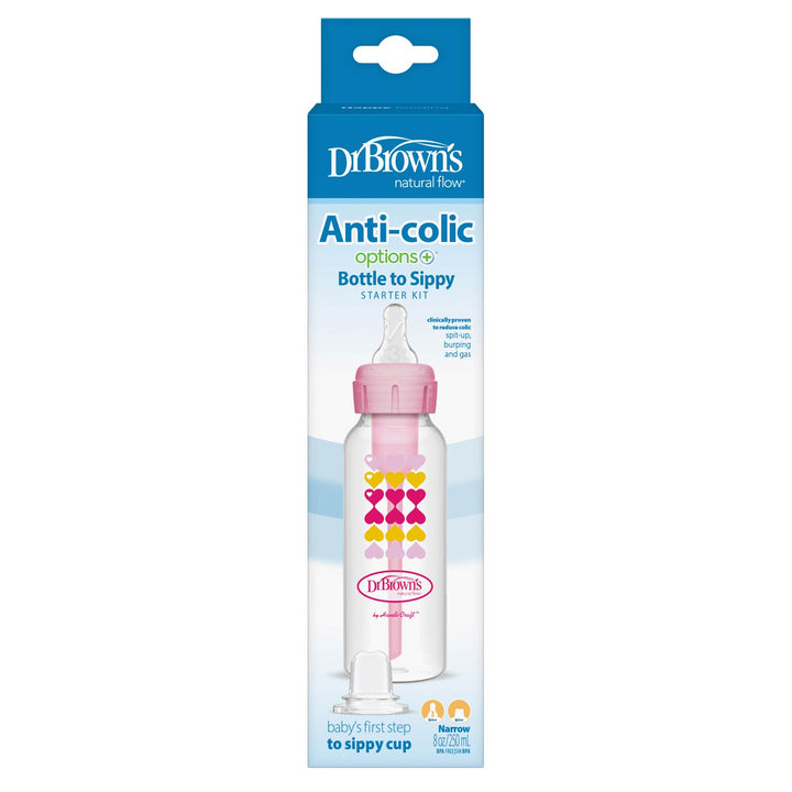 Packaging of pink Pink Dr. Brown's Natural Flow® Anti-Colic Options+™ Narrow Sippy Bottle Starter Kit, 8oz/250mL