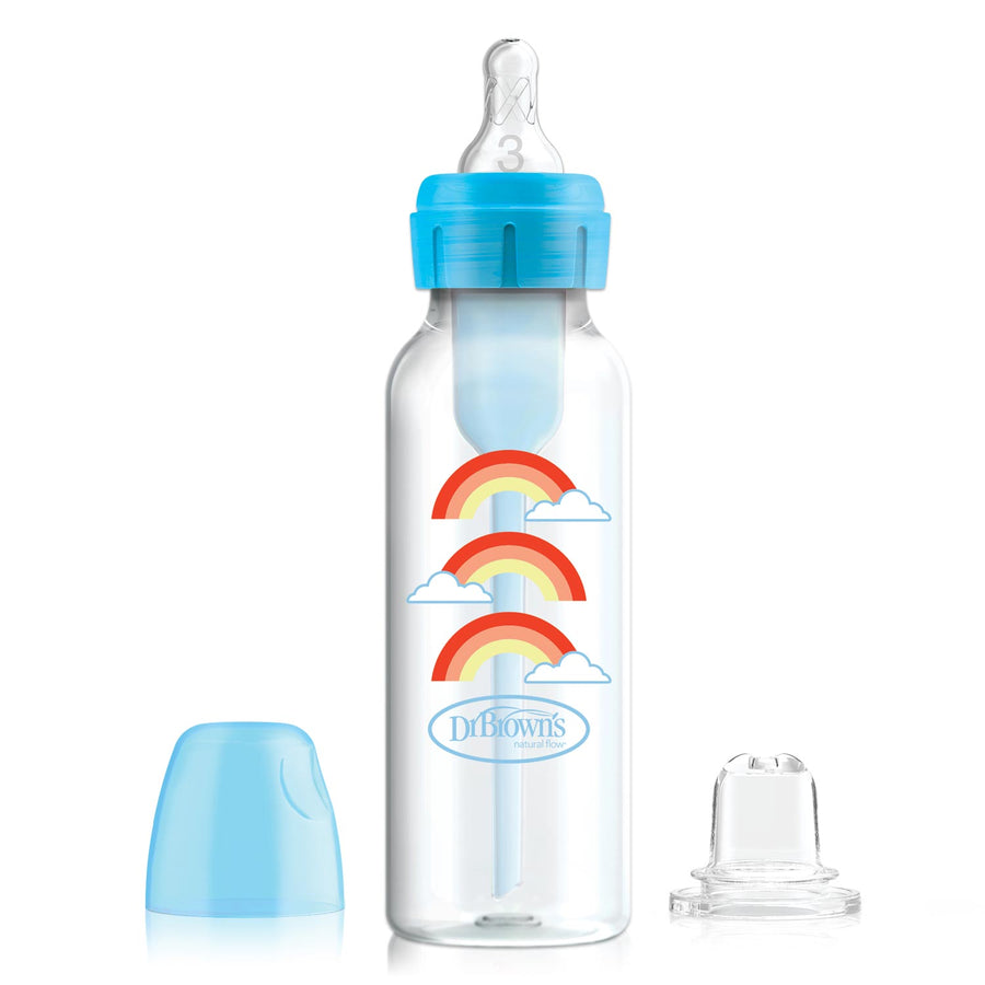 The Dr. Brown's Natural Flow® Anti-Colic Options+™ Narrow Sippy Bottle Starter Kit features a blue lid, nipple, rainbows, clouds design, and includes anti-colic technology plus extra components like a blue cap and clear silicone attachment for your baby's comfort.