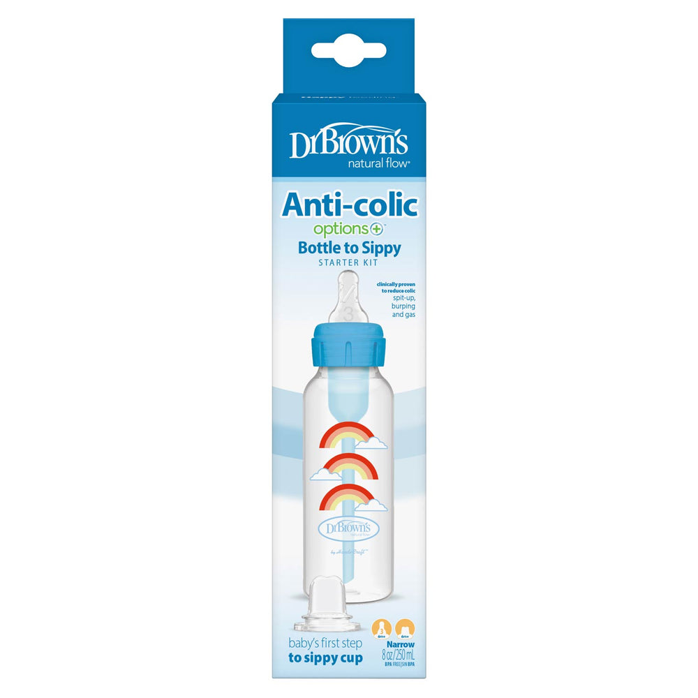 Dr. Brown's Natural Flow® Anti-Colic Options+™ Narrow Sippy Bottle Starter Kit comes in blue and white packaging, featuring a transparent bottle with a blue lid and rainbow designs, perfect as baby's first transition to a sippy cup.