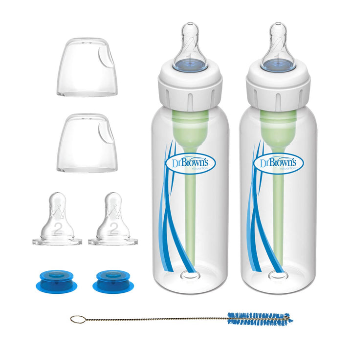 Dr. Brown’s® Specialty Feeding System, 2 Count, includes bottles with green vents, extra nipples, caps, travel disks, nipple covers, and a cleaning brush—ideal for managing and supporting effective oral feeding.