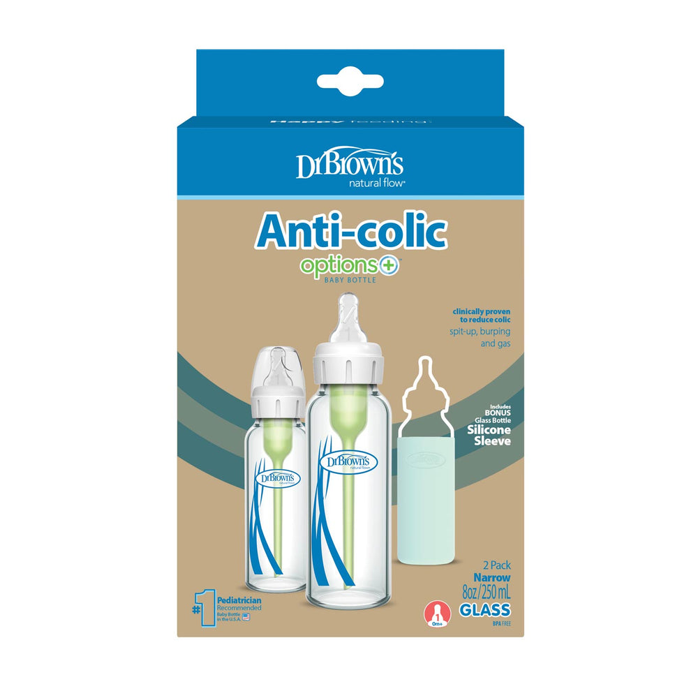 Front view of Dr. Brown’s Natural Flow® Anti-Colic Options+™ Narrow Glass Baby Bottle with Silicone Sleeve, 2-Pack packaging, showing two glass bottles with teal sleeves. The box highlights anti-colic benefits and includes two 8 oz bottles.