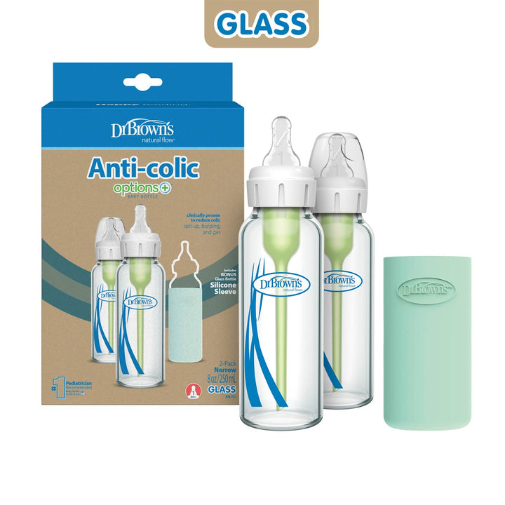 Dr. Brown’s Natural Flow® Anti-Colic Options+™ Narrow Glass Baby Bottle with Silicone Sleeve, 2-Pack includes two glass bottles, silicone sleeves, and packaging. "GLASS" is highlighted at the top on a beige background.