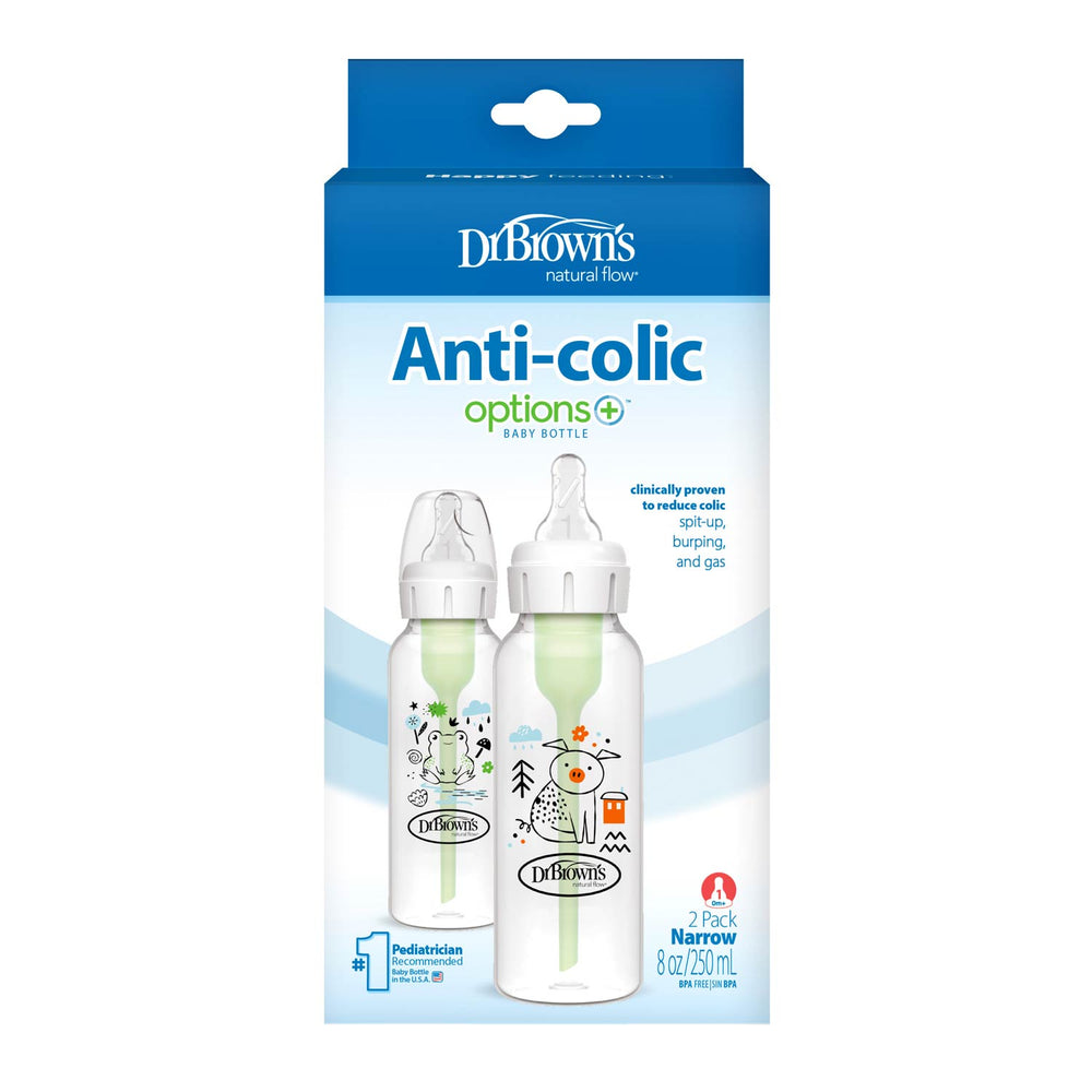 Dr. Brown’s Natural Flow® Anti-Colic Options+™ Narrow Baby Bottle 8oz/250mL, 2-Pack is shown in packaging with clear, colorfully designed bottles featuring a green vent system and displayed against a blue and white Dr. Brown's box.