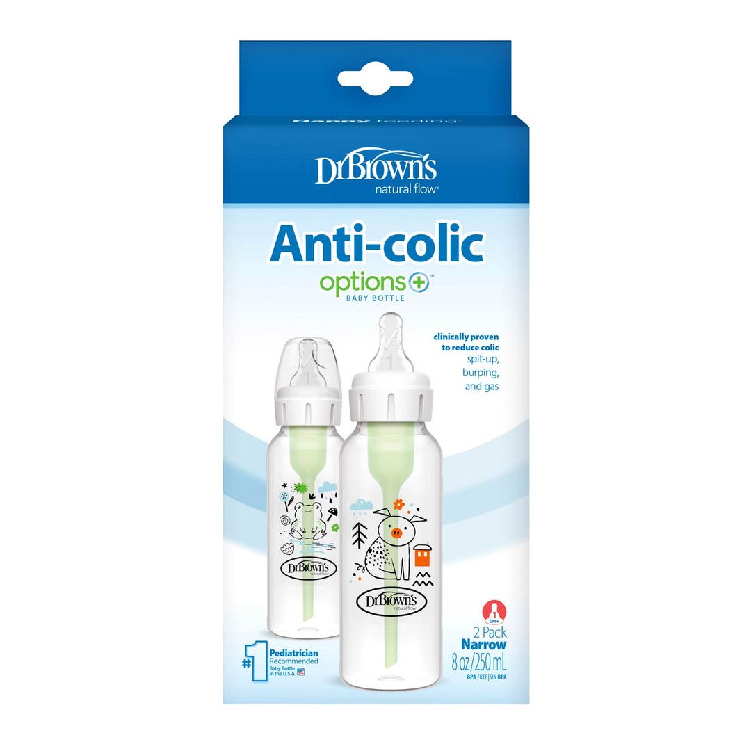 Dr. Brown’s Natural Flow® Anti-Colic Options+™ Narrow Baby Bottle 8oz/250mL, 2-Pack is shown in packaging with clear, colorfully designed bottles featuring a green vent system and displayed against a blue and white Dr. Brown's box.