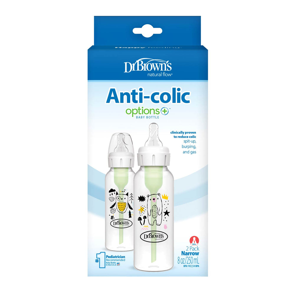 Dr. Brown's Natural Flow® Anti-Colic Options+™ Narrow Baby Bottle 8oz/250mL, 2-Pack features two bottles designed to reduce colic, spit-up, burping, and gas with the Natural Flow system.