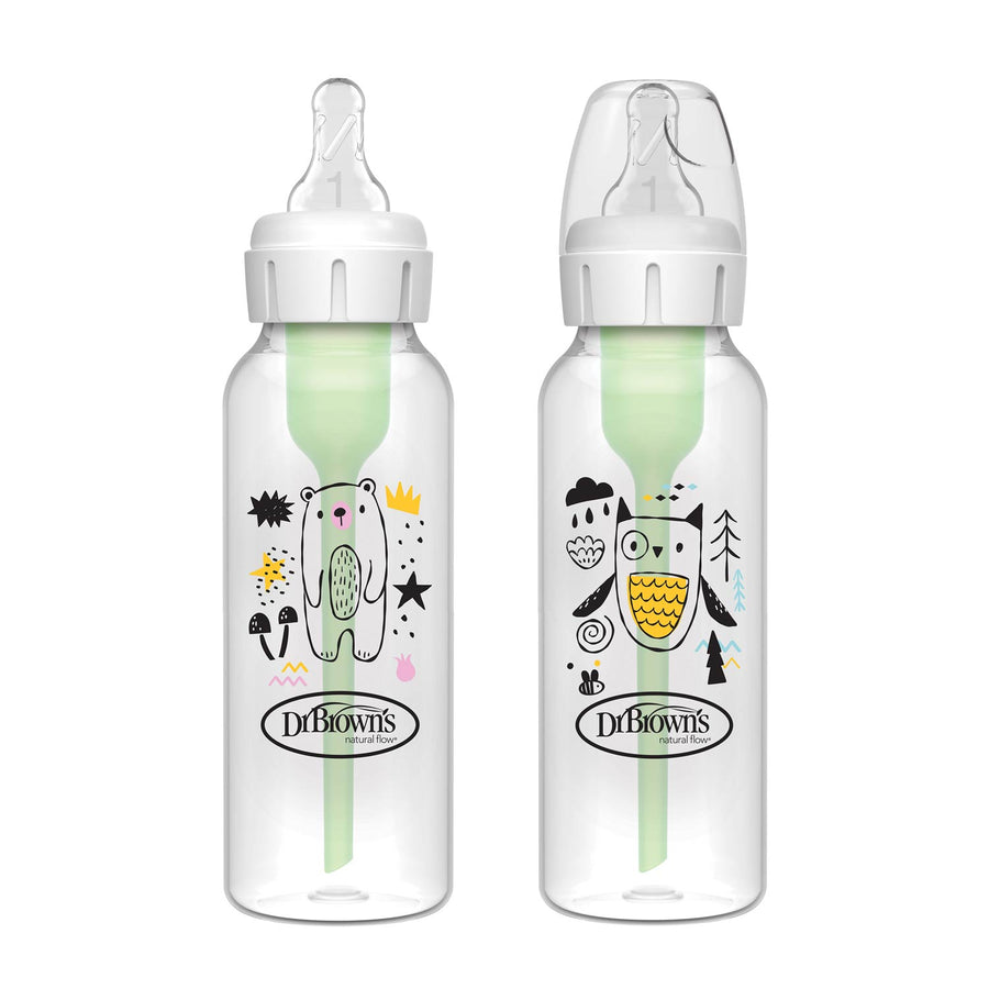 This Dr. Brown’s Natural Flow® Anti-Colic Options+™ Narrow Baby Bottle 8oz/250mL 2-Pack features clear bodies, white caps, green vent systems, and playful designs with a bear and doodles on one bottle and an owl on the other.
