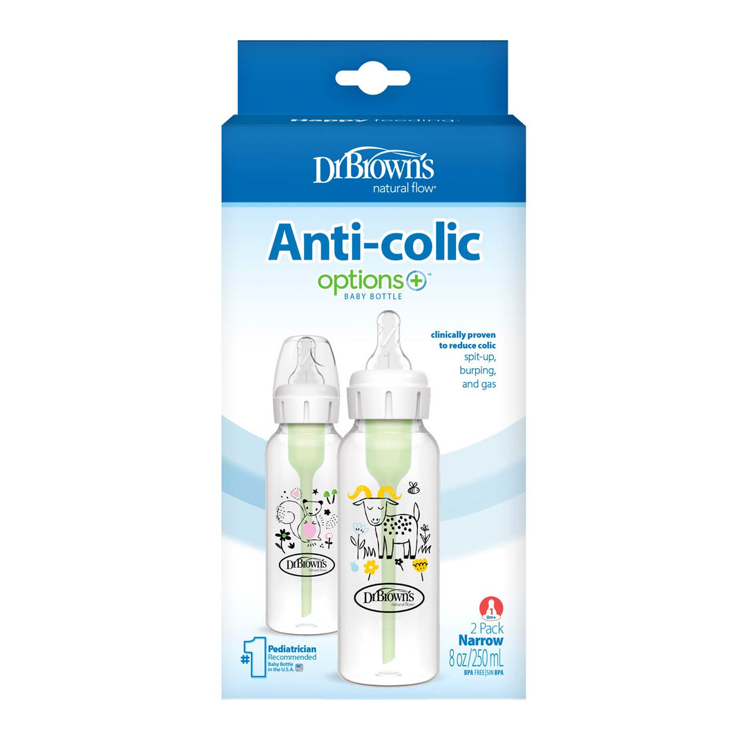 Dr. Brown’s Natural Flow® Anti-Colic Options+™ Narrow Baby Bottle 8oz/250mL 2-Pack helps reduce colic, spit-up, burping, and gas in babies. Includes two bottles. Brand: Dr. Brown's.