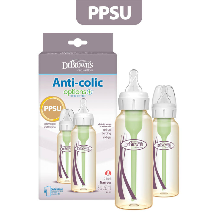 Dr. Brown's Anti-colic options 6 PPSU baby bottles, showing a 3-pack of narrow 4 oz bottles with translucent caps and clear protective covers, alongside their retail packaging box.