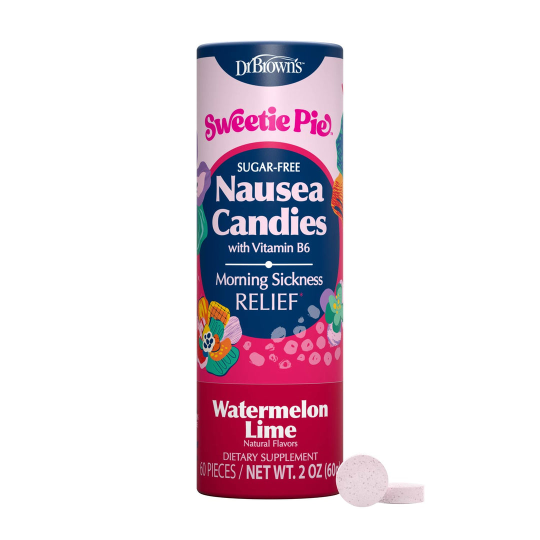 Dr. Brown's Sweetie Pie Nausea Candies in Watermelon Lime flavor, shown in a tall cylindrical container with two loose pink candies in front