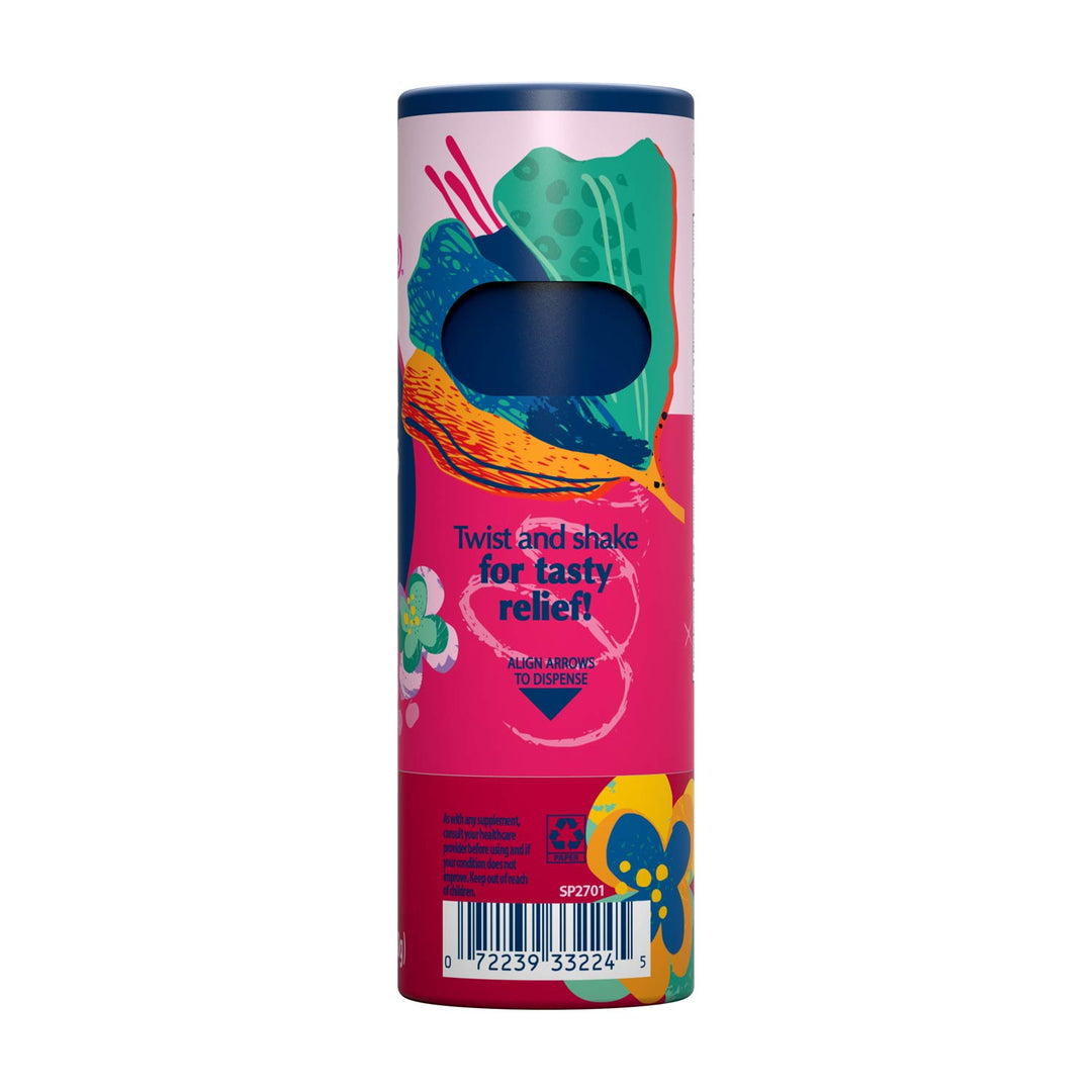 A cylindrical cardboard package for Watermelon Lime flavored Nausea Candies with 'Twist and shake for tasty relief!' written on it. The packaging features a vibrant pink background with colorful abstract illustrations of a butterfly and flowers, and a dark blue window showing the tablets inside.