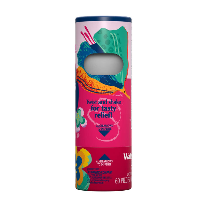 A cylindrical cardboard package for Dr. Brown's Watermelon Lime flavored Nausea Candies, featuring a bright pink label with colorful abstract illustrations and a die-cut window showing the arrows inside.