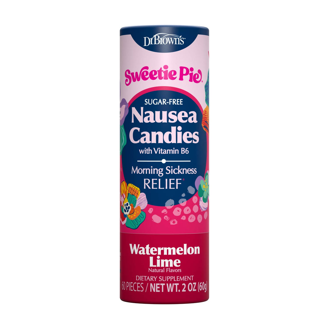 Dr. Brown's Sweetie Pie Nausea Candies with Vitamin B6 Morning Sickness Relief, Watermelon Lime flavor, in a cylindrical container.