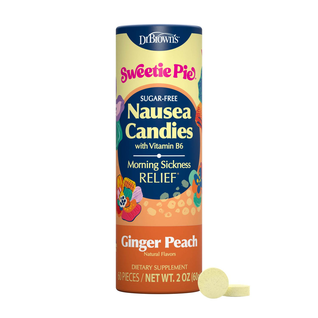 Dr. Brown's Sweetie Pie Nausea Candies with Vitamin B6 Morning Sickness Relief in Ginger Peach flavor, shown as a cylindrical container with two round candies