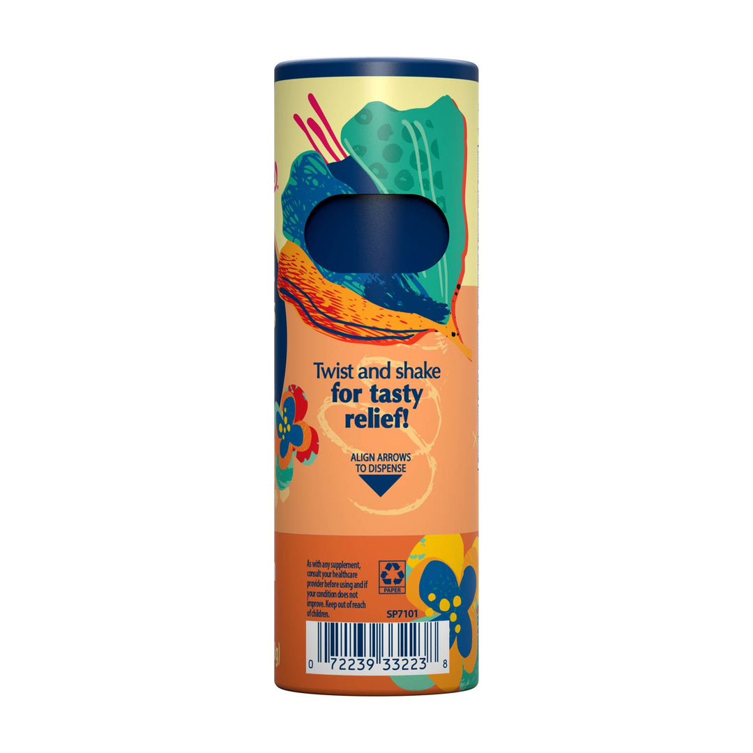 A cylindrical cardboard tube package for Ginger Peach flavored Nausea Candies, featuring a colorful abstract label with a dark blue circular window and text reading 'Twist and shake for tasty relief!'.