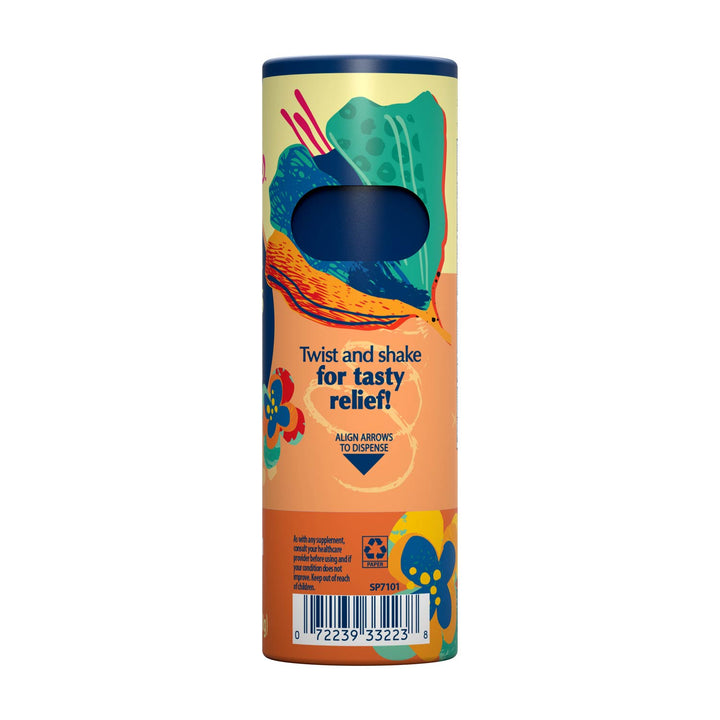 A cylindrical cardboard tube package for Ginger Peach flavored Nausea Candies, featuring a colorful abstract label with a dark blue circular window and text reading 'Twist and shake for tasty relief!'.