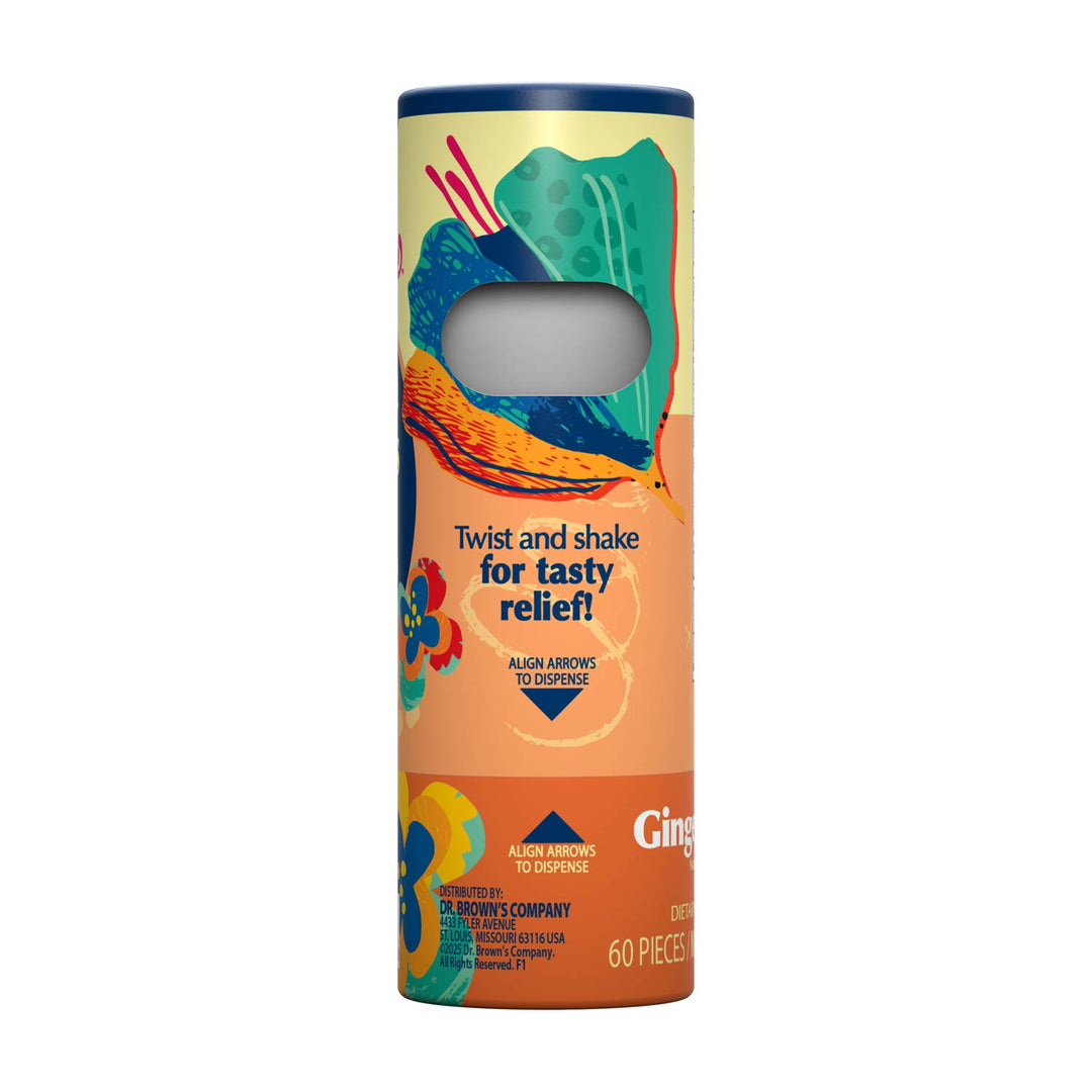 A cylindrical cardboard package of Dr. Brown's Ginger Peach flavored Nausea Candies, labeled 'Ginger' and '60 Pieces'.